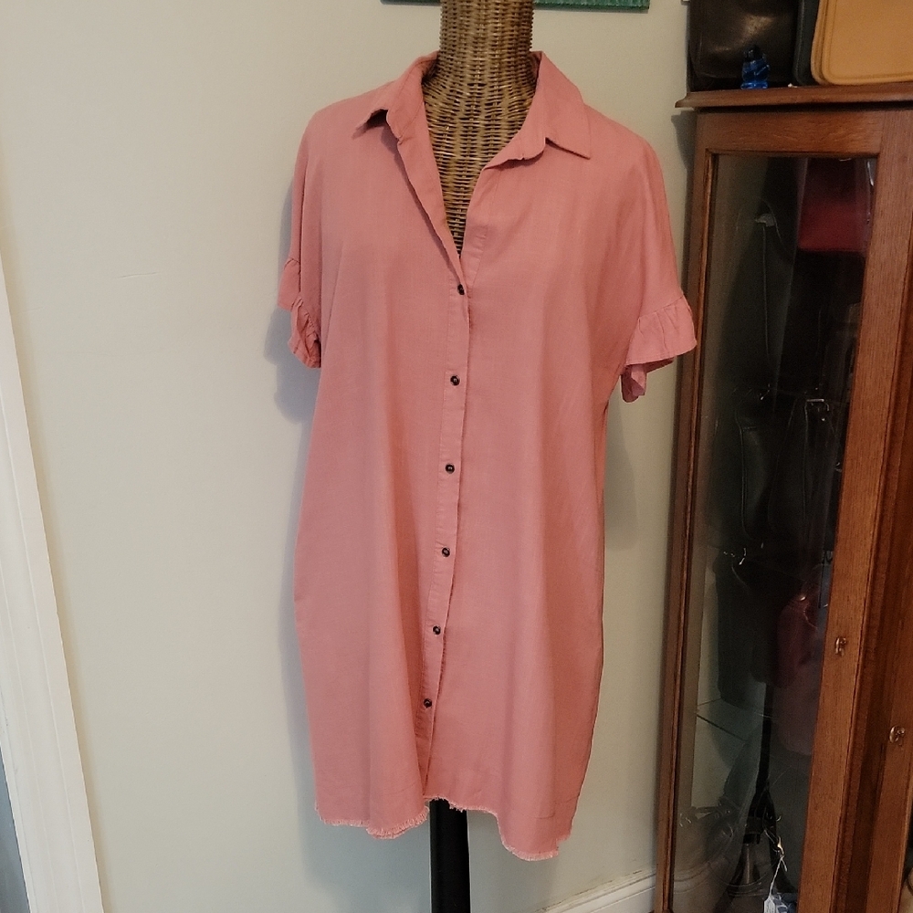 NWT Umgee Linen Blend Frayed Hem Button Front Dress szM  BinN